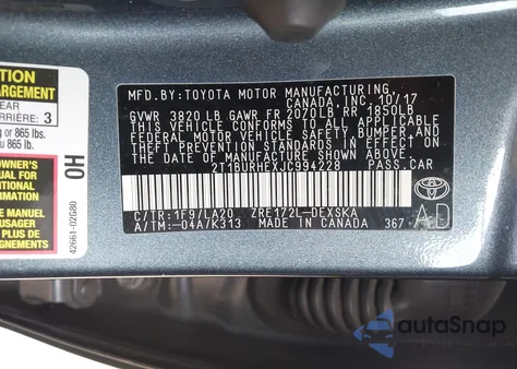 2018 Toyota Corolla L/Le/Se/Xle/Xse from USA, damaged, VIN 2T1BURHEXJT994228